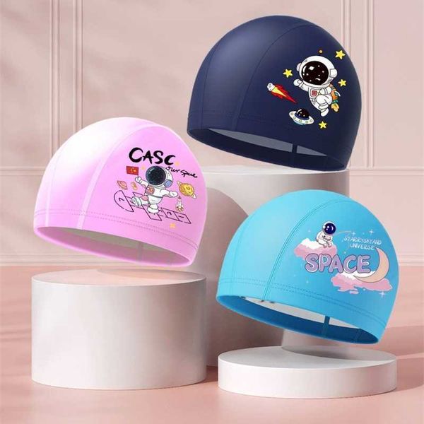 Bonnets de natation Nouveaux bonnets de bain de dessin animé pour enfants élastique PU protection des oreilles chapeau de natation garçons filles cheveux longs bonnets de bain piscine P230509