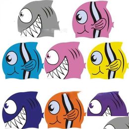 Gorros de natación Sile para niños Sombreros de pescado de dibujos animados Alto elástico Cómodo Protector de oído Antideslizante Cap Drop Entrega DHVAX