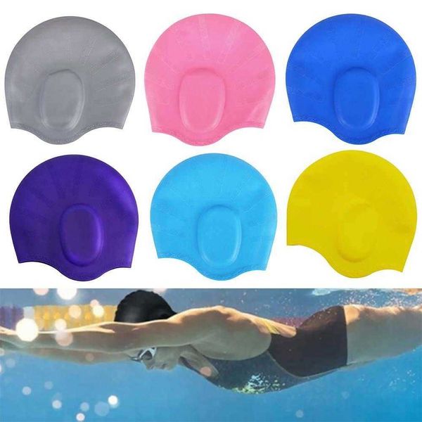 Gorros de natación Impermeable Adultos Gorros de natación Silicona Elástico Orejas Protector Hombres Mujeres Pelo largo Deportes Piscina Gorro Sombrero Suministros de buceo P230418