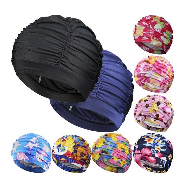 Gorros de natación Mujer Mujer Tela de nailon elástico Plisado Piscina Gorro de baño Señoras Ducha de baño Spa Flores Estampado Sombrero de pelo largo y corto Nuevo 240328