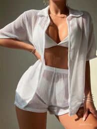 Swimsuit 2PCSSet Dames Cover Up Blouse and Beach Crop Top Shorts Set Summer Vrouw Vrouw SEXY BIKINI SWIMINI SOMPLOWIER 240419
