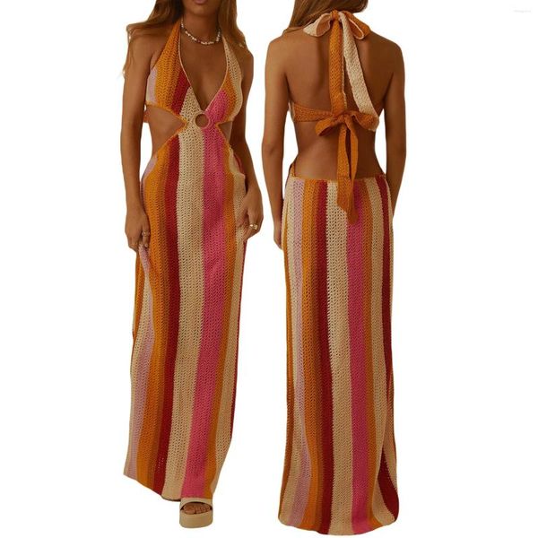 Robe de maillot de bain Femmes Bikini Cover-up Tricoted Hollow V-Col à collier licolage Contrôle des robes de plage au crochet sans dossier