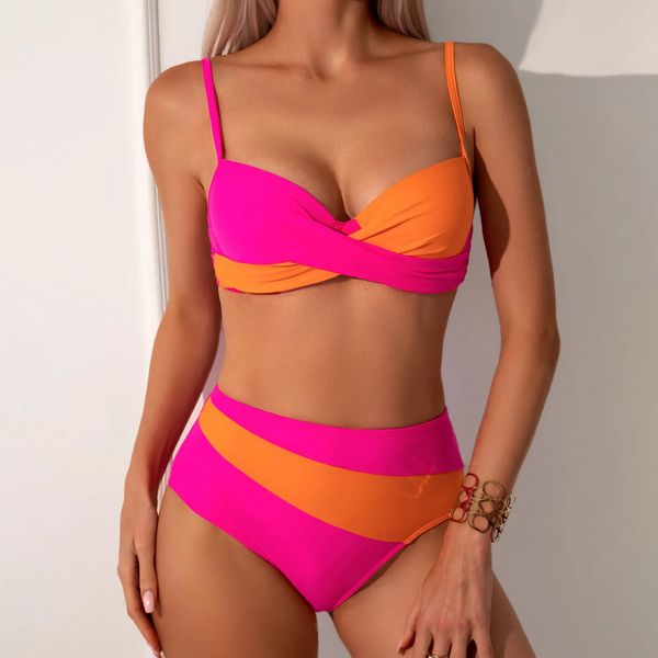 Swimsuit Fashion Cross Color Clash Swimming Costume Bikini Suit sexy push up Bra tankini Womens Two Piece 240410