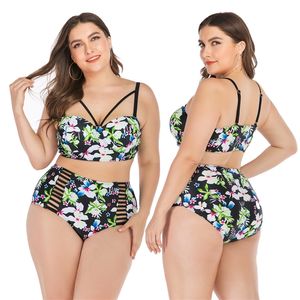 Traje de baño Talla grande Bikini Set Bikini de cintura alta Conjunto 4XL Traje de baño de gran tamaño Mujeres Retro Print Push Up Bikinis Beach Wear 100kg 210305