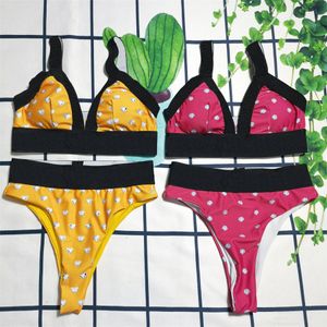 Badpak met hartenboor Dames Sexy hoge taille Tankini Driehoekssplit voor vakantie Schattig badpak geel en roze