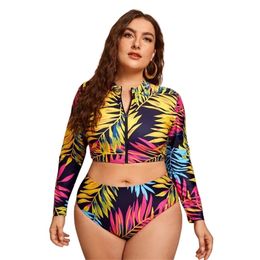 Badpak Vrouwen Plus Size Lange Mouw Rits Bladprint Bikini Split Hoge Taille Surfen Push Up Badmode Vrouwelijke Badpak 220622