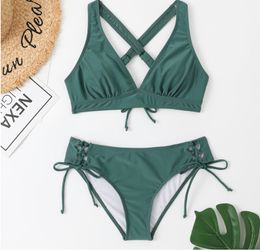 Zwempak vrouwen sexy v nek ribbed bikini hoge taille vaste push omhoog zwemkleding vrouwelijk badpak bikini set strandkleding