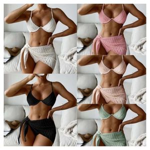 Badpak dames nieuwe 2024 driedelige set sexy hangende nek mesh rok bikini split bikini badpak