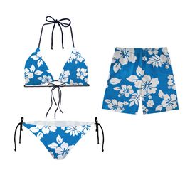 Maillots de bain pour femmes 2022 imprimé hibiscus hawaïen assorti, ensemble maillot de bain, maillot de bain et accessoires pour couples (bleu)