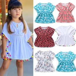 Swimwear 05y Baby Girls Swimwear Coverup 2022 Summer Leopard Tassel Kids Beach Robe Poncho Swimsuits Bikini Cover Ups