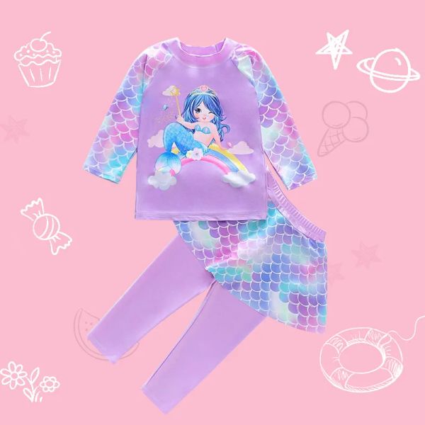 Swimwear 18t Girls Swimwear Two Piece Unicorn Mermaid Imprime à manches longues Rash Guard Pantalon de natation à couverture complète pour les filles Cultime de bain