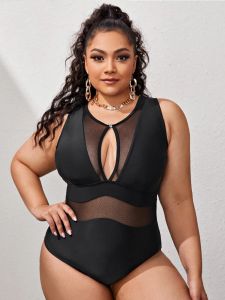 Swimwear 2021 Sexy Mesh Swimsuit One Piece Gran tamaño Swimwear Mujeres Negro Negro Suits Beachwear Traje de baño de verano Femenino 4xl