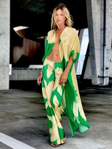 Badmode 2022 Coverups Strand Kimono Groene Print Bloemen Chiffon Boho Tuniek voor Strand Badpak Cover Up Kaftan Overmaat Strandkleding Pareo