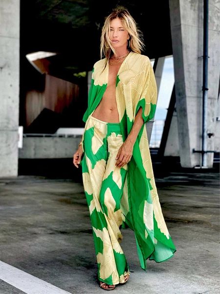 Maillots de bain 2022 Coverups Beach Kimono Vert Imprimé Floral Mousseline de Soie Boho Tunique pour Maillot de Bain de Plage Cover Up Kaftan Over Size Beachwear Paréo