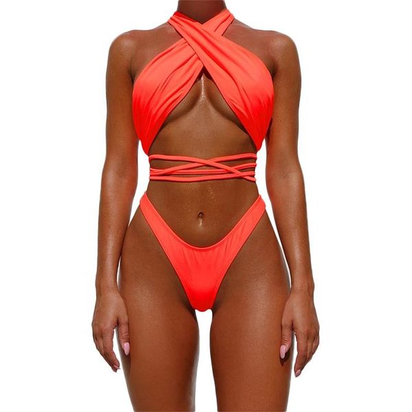 Swimwear 2022 Cuerda delantera Coster Cross T Style Bikinis Set Swimsuits Swimwear Traje de baño de dos piezas Naranja fluorescente de plata