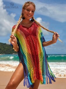 Swimwear 2023 Boho Rainbow Striped Gradient Crochet Bathing Suit Coverups Plus Size Dames Summer Beach Wear Tops Swimsak Cover Up Q1303