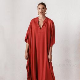 Swimwear 2023 Lang Red Kaftan Plus Size Vneck Maxi Dress Summer Clothing Women Beach Wear Swim Suit Cover Up Robe de Plage Sarong Q1344