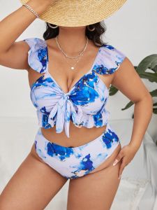 Traje de baño 2023 Nuevas mujeres Volantes Estampado de flores Tallas grandes Traje de baño Bikinis Conjunto Sexy Cintura alta Traje de baño Traje de baño de dos piezas Ropa de playa Trajes de baño