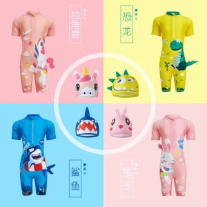 Swimwear 2023 Summer Boys Girls One-Opiece Bathing Forf for 19years Baby Kids Dinosaur Shark Unicorn Rabbit Cartoon Pattern Swimsuit