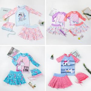 Swimwear 2023 Summer Girls Swimwear Suit Baby Toddler Alpaca Unicorns Rabbit Cartoon Patroon Bodysuit+Cap+Korte Jurk Threepiece Set