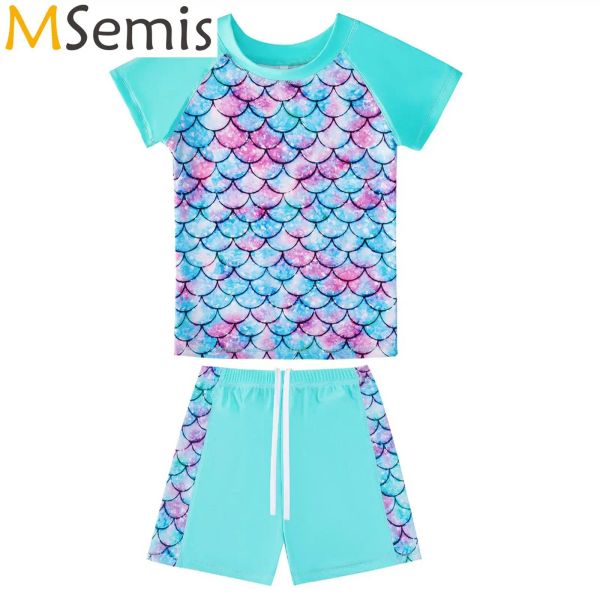 Maillots de bain 2 pièces enfants fleurs écailles de poisson imprimé maillot de bain à manches courtes haut cordon Shorts ensemble natation maillot de bain piscine maillot de plage