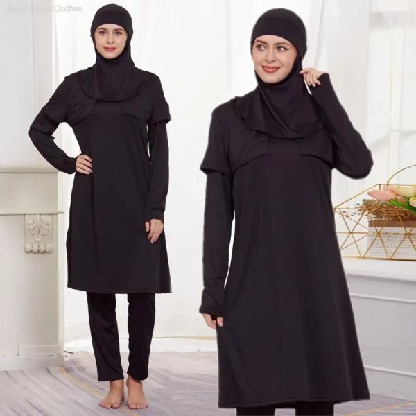 Traje de baño Conjuntos de 3 piezas Mujeres Musulmanas Islámicas Baño negro Conjuntos de burkinis Árabe Modesto Cubierta completa Tops Pantalones Traje de baño Traje de baño Ropa de playa