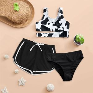 Maillots de bain 3pcs maillot de bain femmes tenues de plage sexy bikinis ensemble enfant en bas âge infantile fille vache imprimer maillot de bain été maillots de bain noir maillot de bain