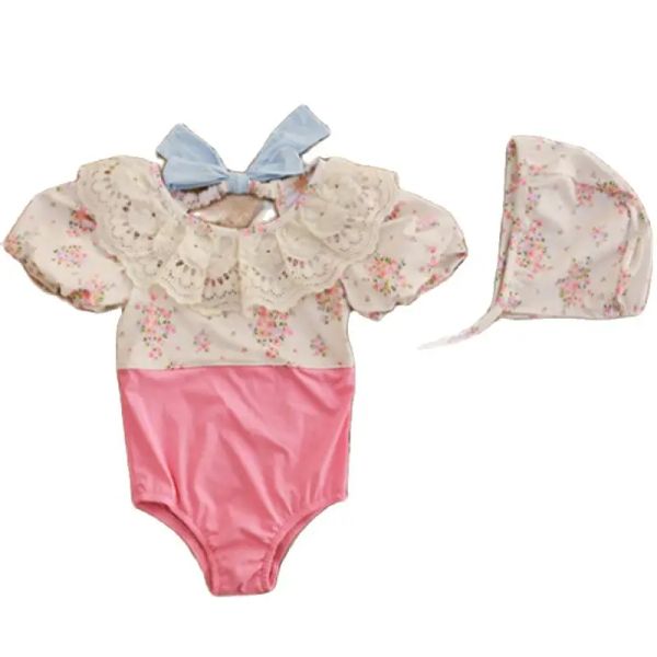 Maillots de bain Bébé fille maillot de bain été dentelle Oneck dos nu maillots de bain avec chapeau enfants une pièce enfants filles rose vert vêtements de bain CC153