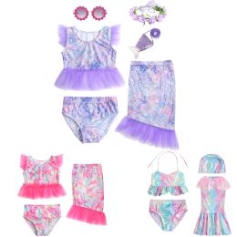 Swimswear Baby Girls Sirène Swwear Summer Vêtements Fish Scale 3pcs Bikini Set Toddler Kids Bathing Trssold Shacksuit Tops + culotte + jupe