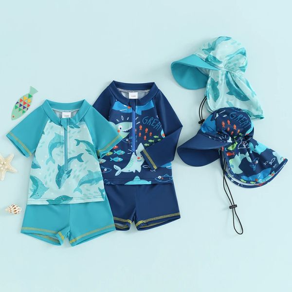 Swimwear Baby Kids Boys Rash Guard Set Set à manches courtes Shark Dolphin Print Top avec short CHAP