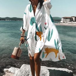 Roupa de banho vestido de praia bikini coverup feminino 2023 boêmio impresso beachwear robe vneck manga longa nadar wear cobrir ups vestido de verão solto