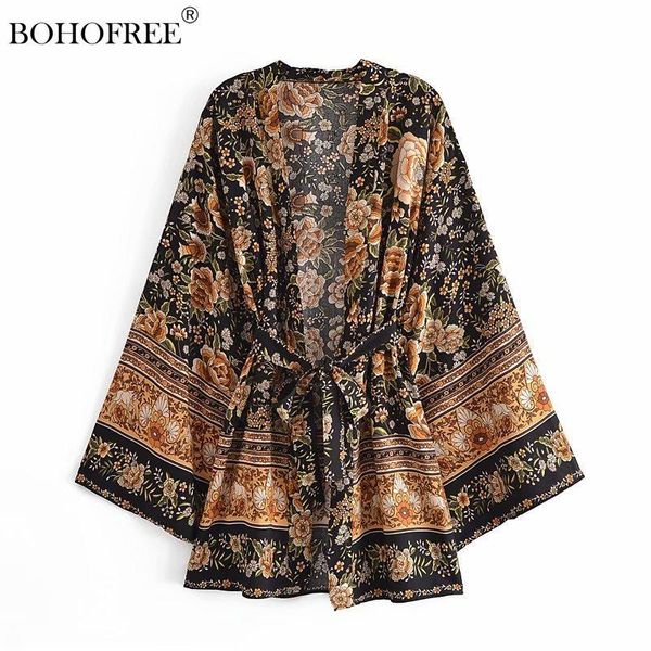 Traje de baño Boho Vintage negro estampado Floral batas cortas Casual playa cubrir Blusas cinturón estilo gitano Hippie mujeres Kimono