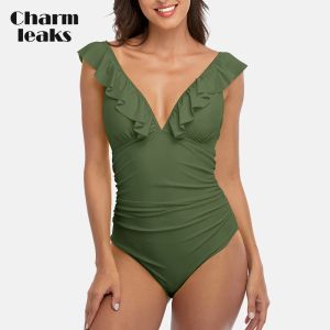 Traje de baño Charmleaks con volantes de una pieza para mujer, traje de baño liso con cuello en V, pierna de corte alto fruncido, Monokini, trajes de baño