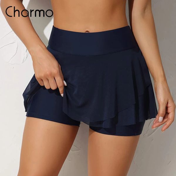 Traje de baño Charmo para mujer, minifalda de cintura alta para nadar, pantalones cortos elásticos incorporados, Tankini, parte inferior de Bikini, traje de baño sólido