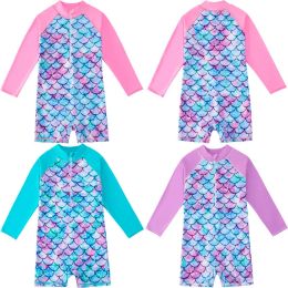 Swimwear kinderzwempakken 2023 Zomermeisjes Lange mouwen Mermaid visschaalschaal Onepure Swimsuit 412 -jarige kinderen Zonnemaats surfpakken