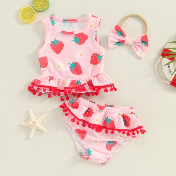 Swimwear mignon d'été pour tout-petit des filles de maillot de bain bikini set à la fraise à fleurs