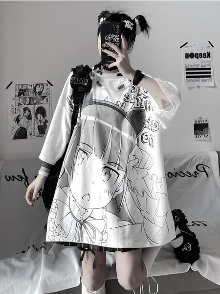 Maillots de bain Deeptown Mode japonaise T-shirt blanc Femme Anime Girl Graphic T-shirt Imprimer Lâche Surdimensionné Haut d'été À manches courtes Femme