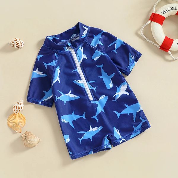 EWODOS 03 ans bébé enfant garçons maillot de bain maillot de bain à manches courtes crème solaire maillot de bain dessin animé requin imprimé fermeture éclair maillot de plage