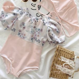 Swimwear Fashion Baby Girl Swim Swim en enfant enfant enfant Swimwwear + Cap 2pcs Puff Sweve Swim mail Chack Floral Bathing Clothes Baby Clothes 17y