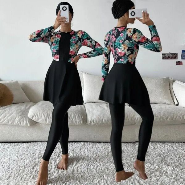 Traje de baño de moda con estampado de flores, conjuntos de Burkinis para mujer, cubierta completa, traje de baño islámico musulmán, ropa de playa, traje de baño