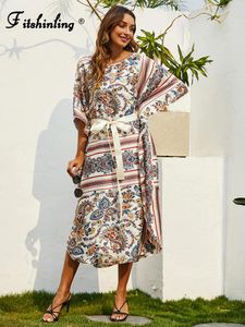 Swimwear Fitshinling Print Vintage Summer Dress Pareo Pareo avec des chutes Slim Oversize Tenues Bohemian Kaftans For Women Sorting Holiday