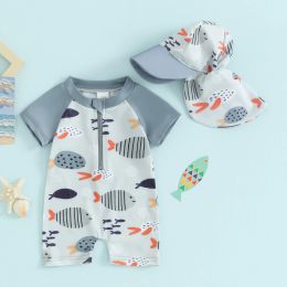 Swimwwear Focusnorm 2pcs Été Baby Boys Swimwear Set 03y Cartoon Fish Imprimé à manches courtes Suite de maillot de bain à fermeture éclair