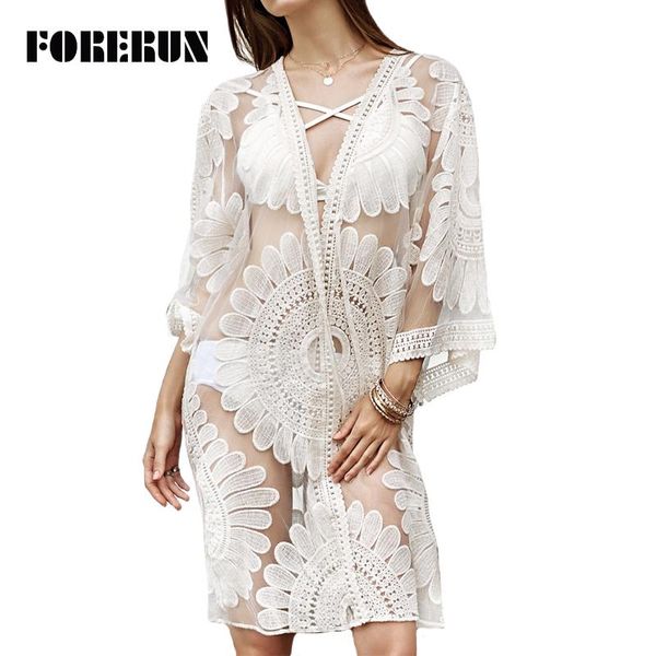 Traje de baño FORERUN, blusas de playa con bordado Floral, cárdigan tipo kimono de encaje blanco transparente para mujer, Blusa bohemia de protección solar para verano