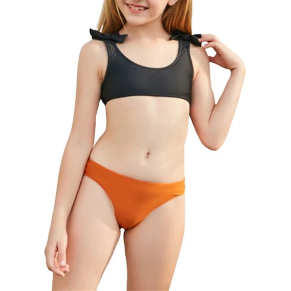 Traje de baño FS Linda niña Halter negro Cinturón Condole Corbata de mariposa Cuello redondo Traje de baño Traje de baño dividido Dos piezas para niños 2022 Nueva llegada