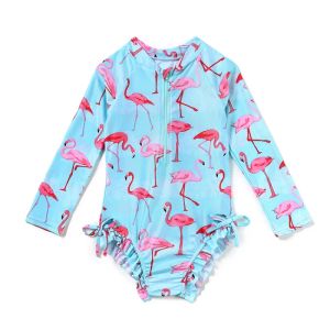 Swimwear Girls à manches longues Flamingo Floral Swimwear Bathwear Bathing Flans One Piece Swiming Costumes For Children