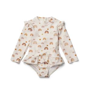 Happyflute 726kg Ins maillot de bain pour enfants fille une pièce UPF50 + crème solaire à manches longues mignon bébé princesse plage tissu de natation