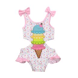 Swimwear Infant Kids Baby Girl Sweet Ruffles One Piece Swimsuit Fashion Bow Ice Ice Cream Imprimé creux MAISSION SUPENDRE 03Y