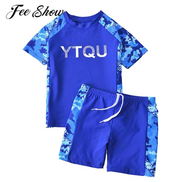 Traje de baño Niños Niñas Niños Traje de baño de dos piezas Conjuntos de Rashguard Manga corta Camuflaje Estrellas Estampado Top Pantalones cortos Conjunto Natación Ropa de playa Traje de baño