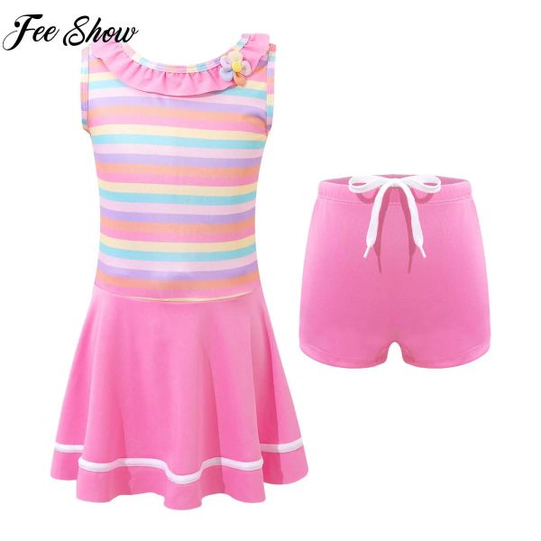 Traje de baño Niños Niñas Sin mangas Rayas Estampado Vestido de baño Traje de baño Cuello redondo Traje de baño Conjunto de pantalones cortos Traje de baño Piscina Playa Traje de baño Rash Guard