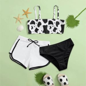 Swimwear Kids Tiener Girls Swimwear Cow Gedrukt Zomer Vest Swimsuit Threepiece Bikini Shorts Panty Sets Zwempak jong meisje 814 -jaar